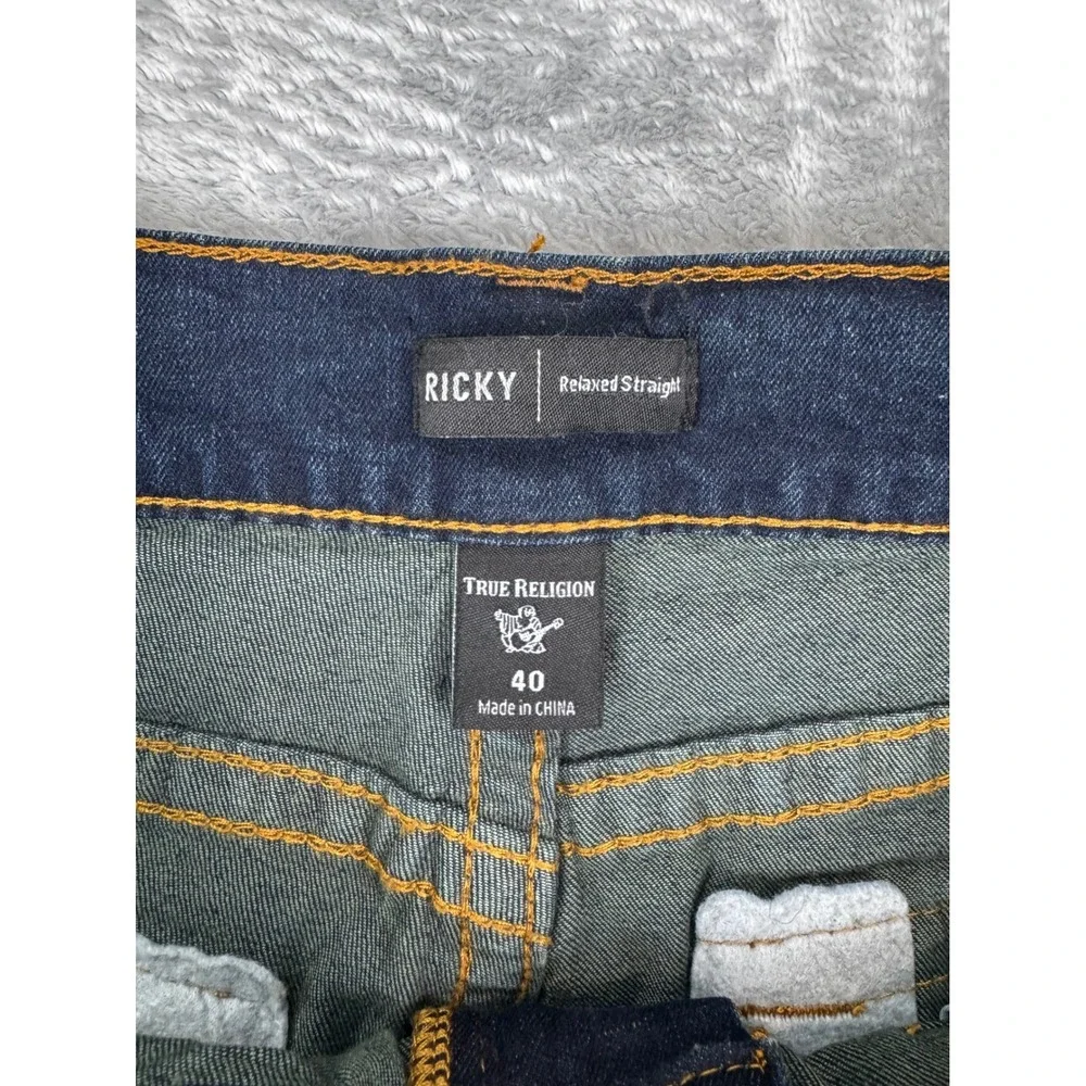 True Religion Men's sz 40 Ricky Relaxed Straight Jeans Dark Wash Bootcut Stretch